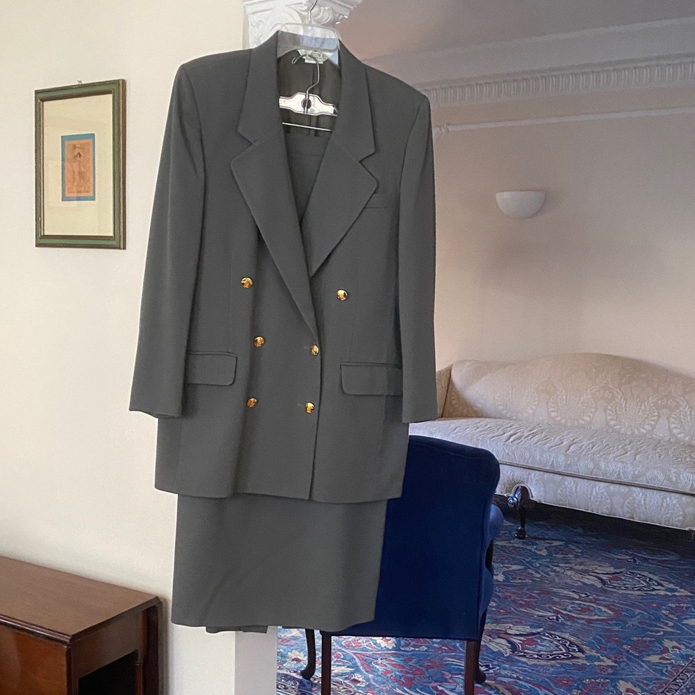 Austin Reed Moss Green 100% Wool Double Breasted Jacket & Pencil Skirt Suit 12